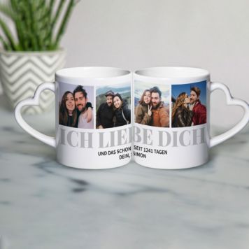 Personalisierbare Herzhenkel-Tasse mit 4 Fotos und Text