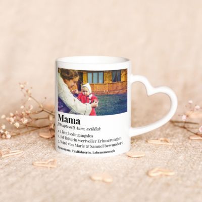 Personalisierbare Herzhenkel-Tasse mit Foto und Definition