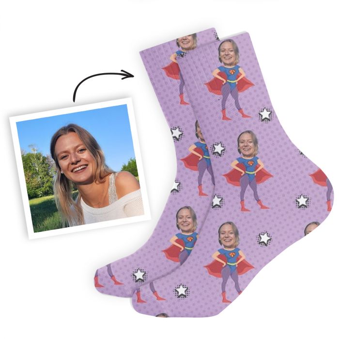 cadeau fête des mères Chaussettes personnalisées visage motif super-héros